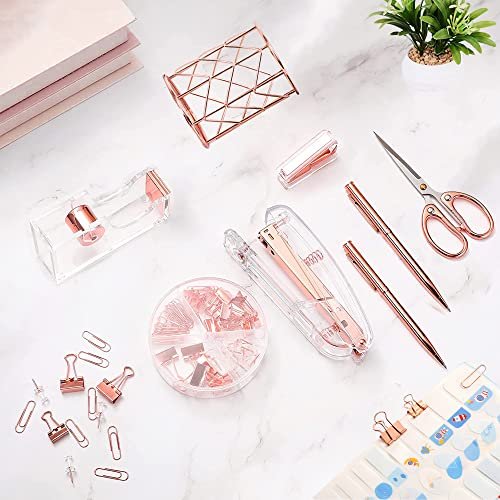 Rose Gold Desk Accessories,Office Supplies Set Acrylic Stapler Set Staple Remover, Tape Holder, 2 Ballpoint Pen, Scissor, Binder/Paper Clips and 1000pcs Staples. - Image 7