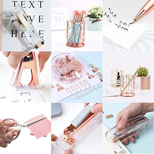 Rose Gold Desk Accessories,Office Supplies Set Acrylic Stapler Set Staple Remover, Tape Holder, 2 Ballpoint Pen, Scissor, Binder/Paper Clips and 1000pcs Staples. - Image 6