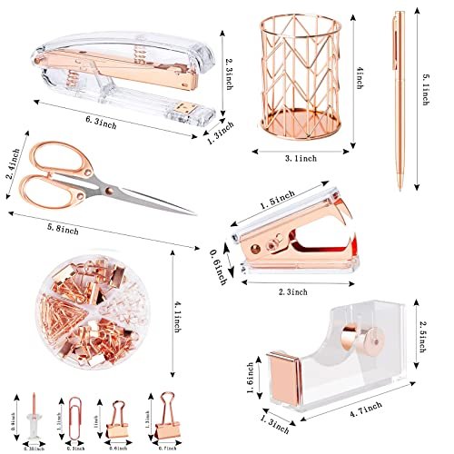 Rose Gold Desk Accessories,Office Supplies Set Acrylic Stapler Set Staple Remover, Tape Holder, 2 Ballpoint Pen, Scissor, Binder/Paper Clips and 1000pcs Staples. - Image 3